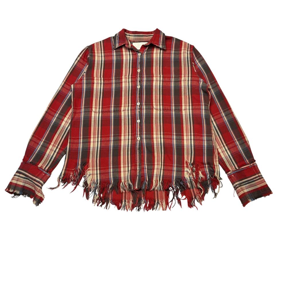 R13 Shredded Flannel Button Up Plaid Fringe Cotton Women's Large Grunge Punk